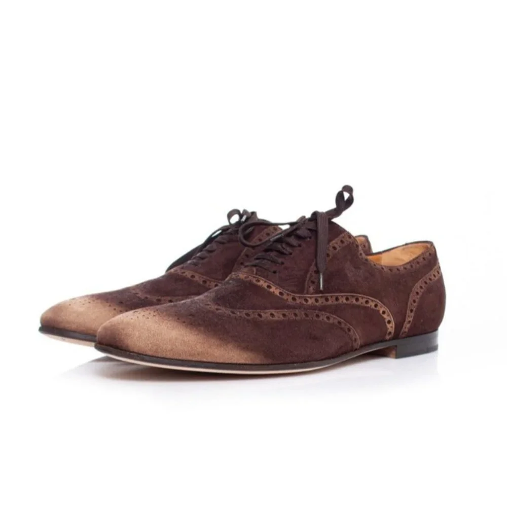 Gucci Italy Men size 7.5E Brown Suede Wingtip Derby Oxfords Designer Dress Shoes
